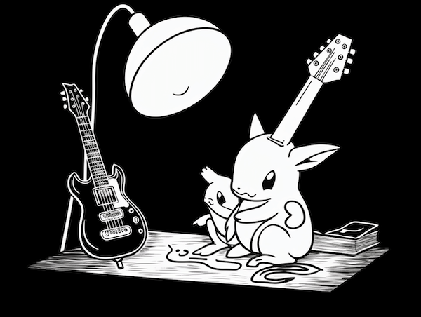 beautiful, simple, black and white line art drawing of pokemon playing electric guitars, standing in the spotlight of a red Luxo Jr. desk lamp.