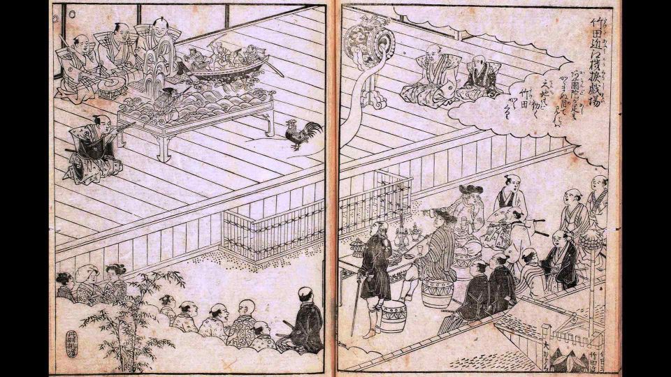 A Japanese automata theater in Osaka, drawn in 18th century. The Takeda family opened their automata theater in 1662.