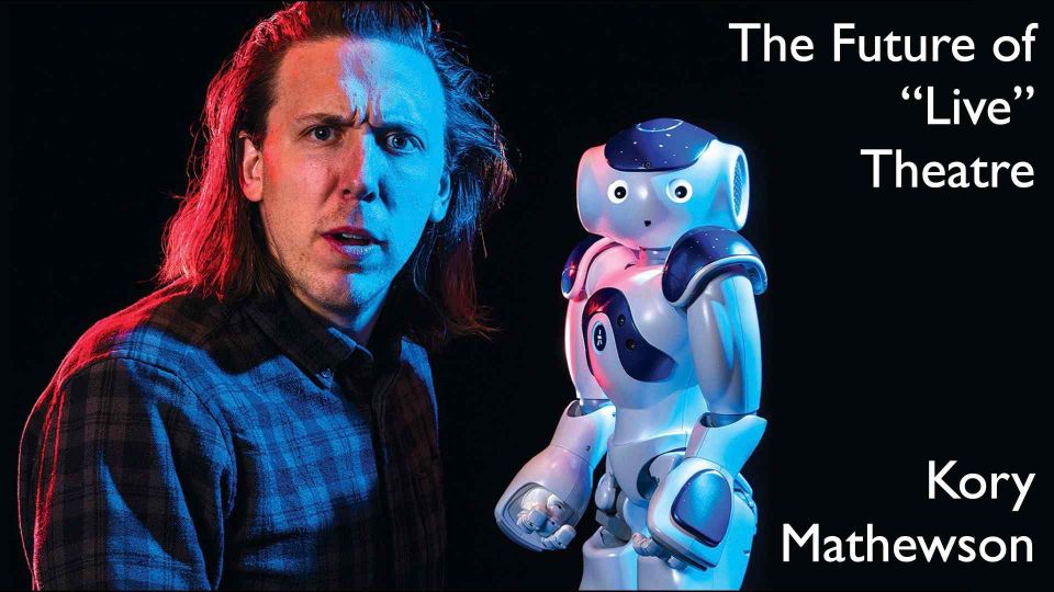Artificial Intelligence researcher and Improvisation performer, Kory Mathewson and Blueberry the robot, on March 6, 2018.